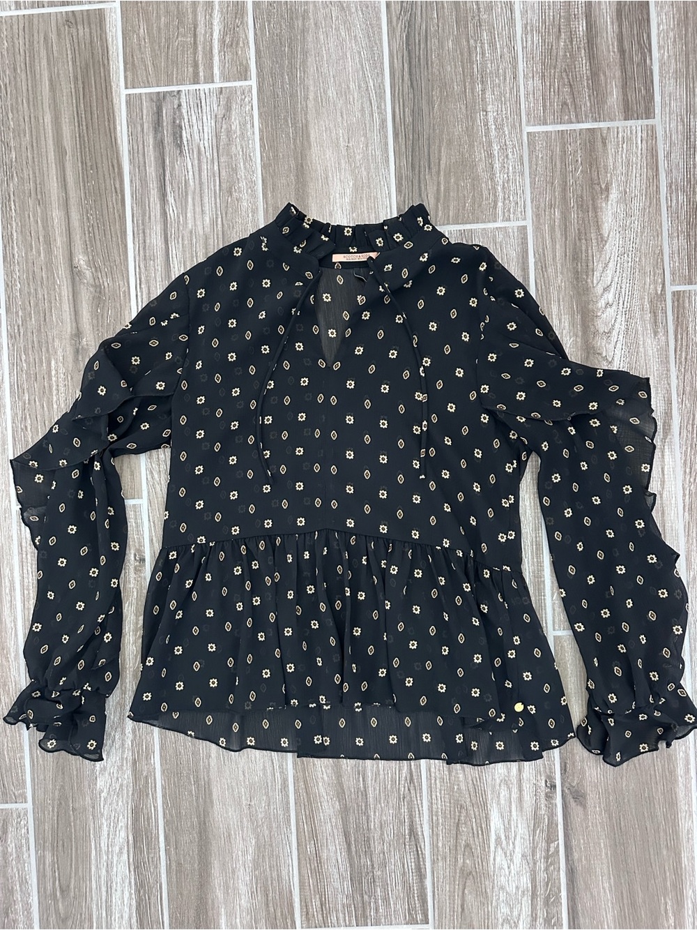 Scotch & Soda Black Floral Tie-Neck Ruffle Peplum Blouse